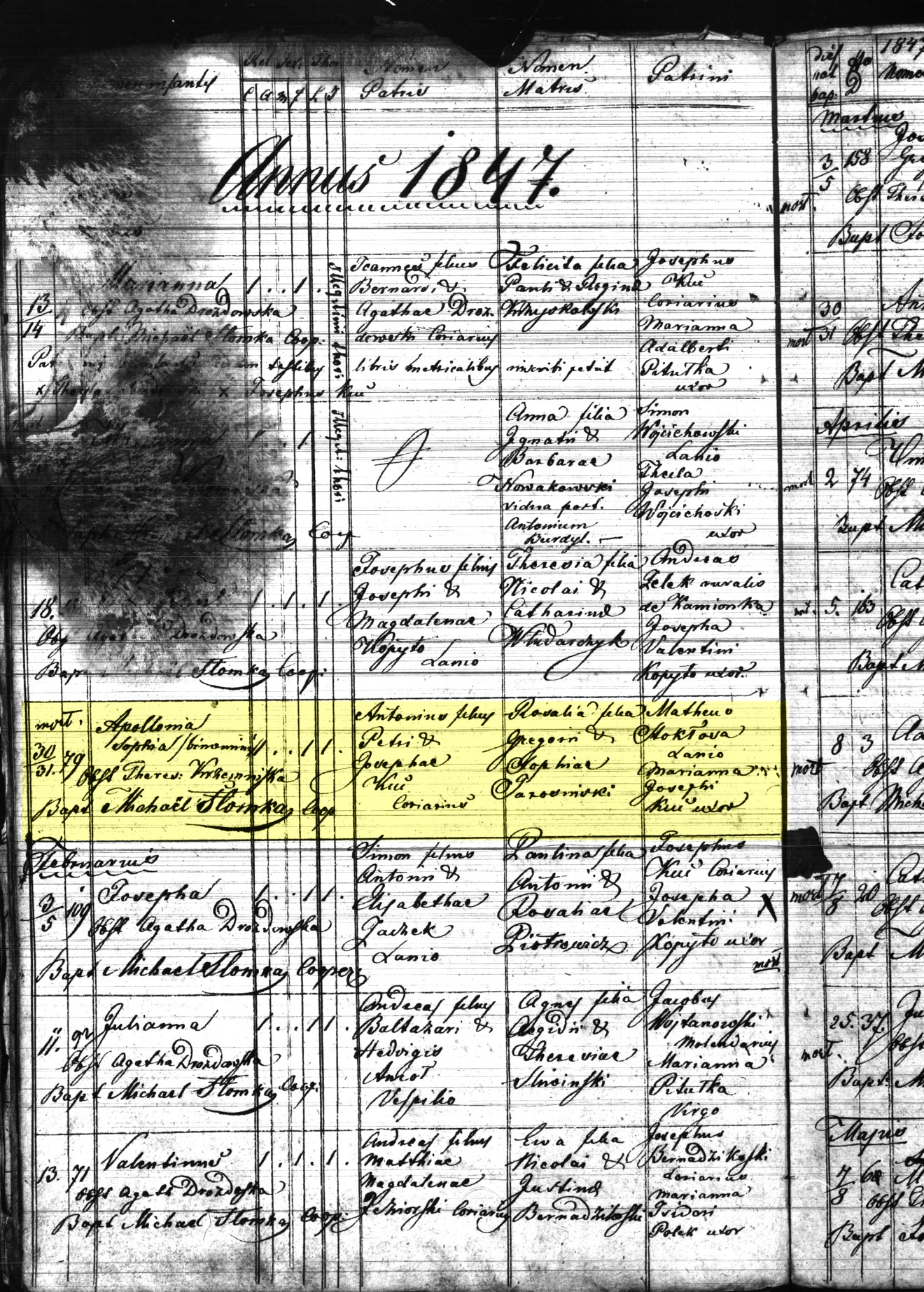 1847 Apollinia Kuc Baptism Parish Register.jpg