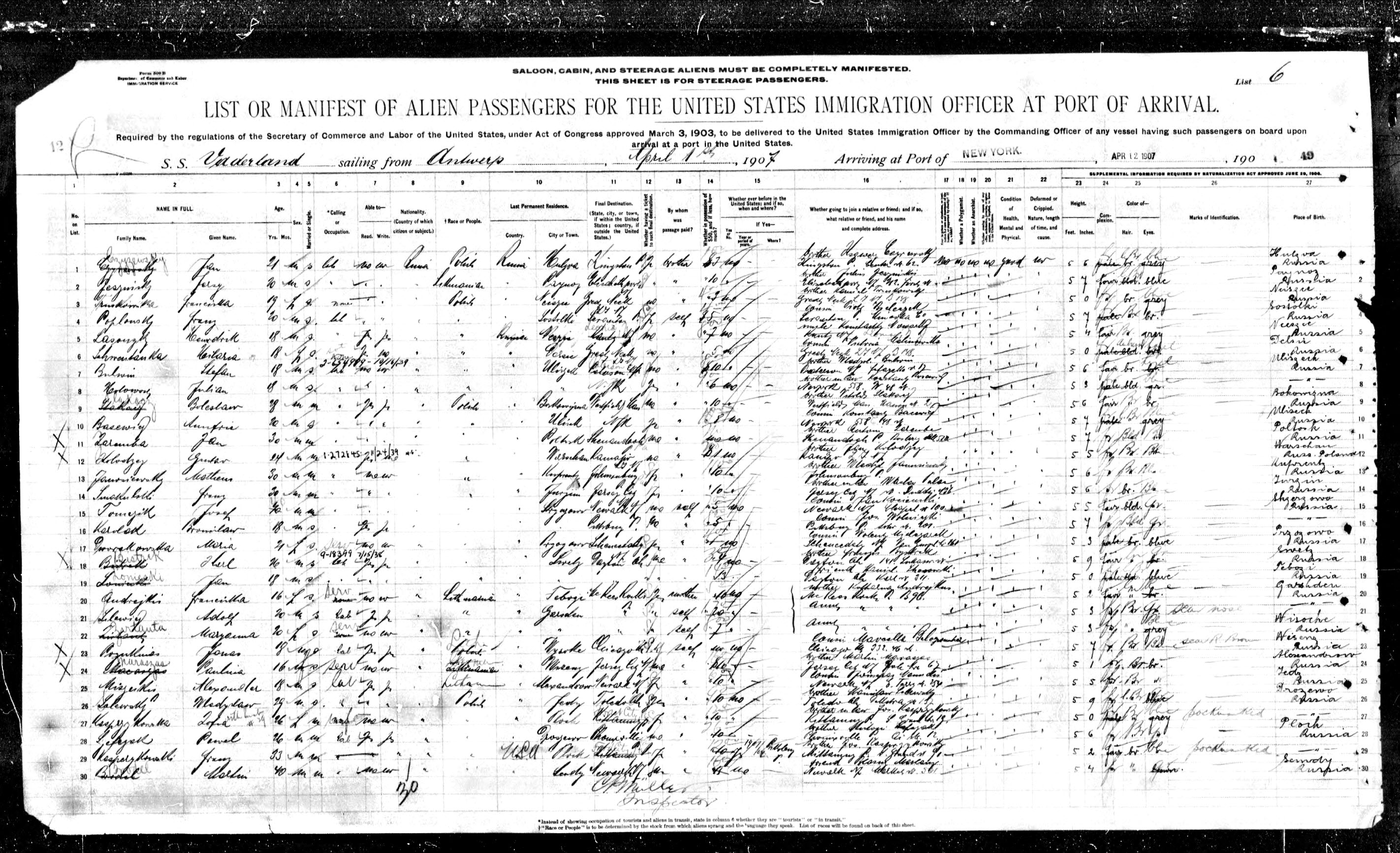 1907 Jan Czyzewski NY Passenger List.jpg