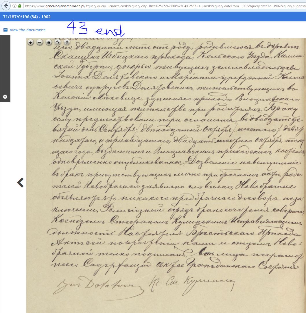 Brzesc-1902-page84-record-number43-marriage-Jendrzejewski-Dolatowska-11nov1902.JPG