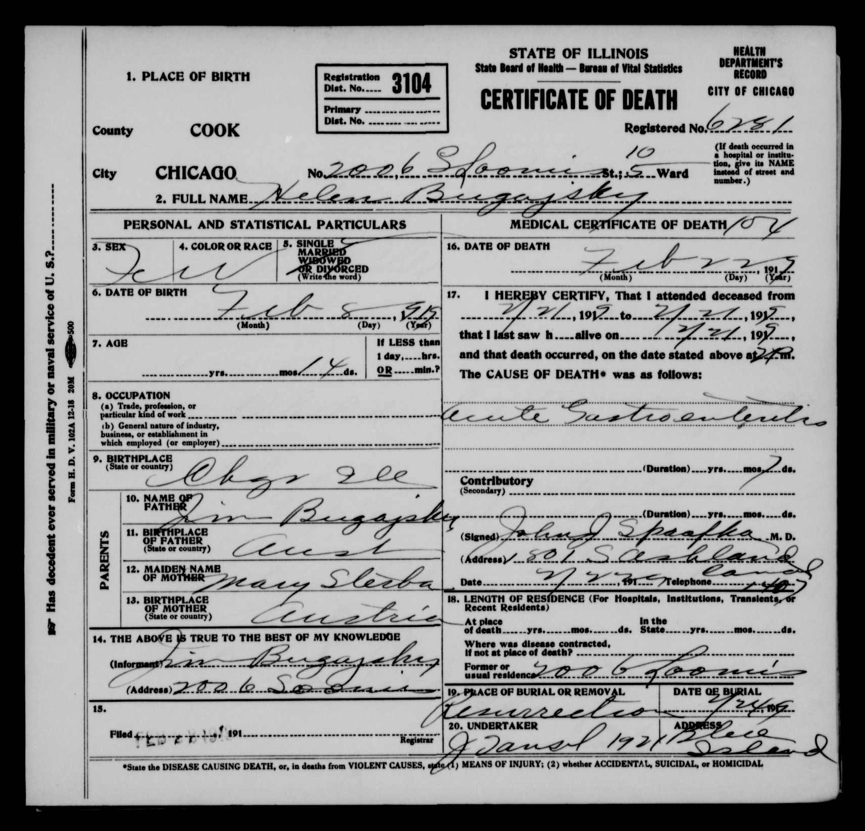 Bugajski Helen death record 1919.jpg