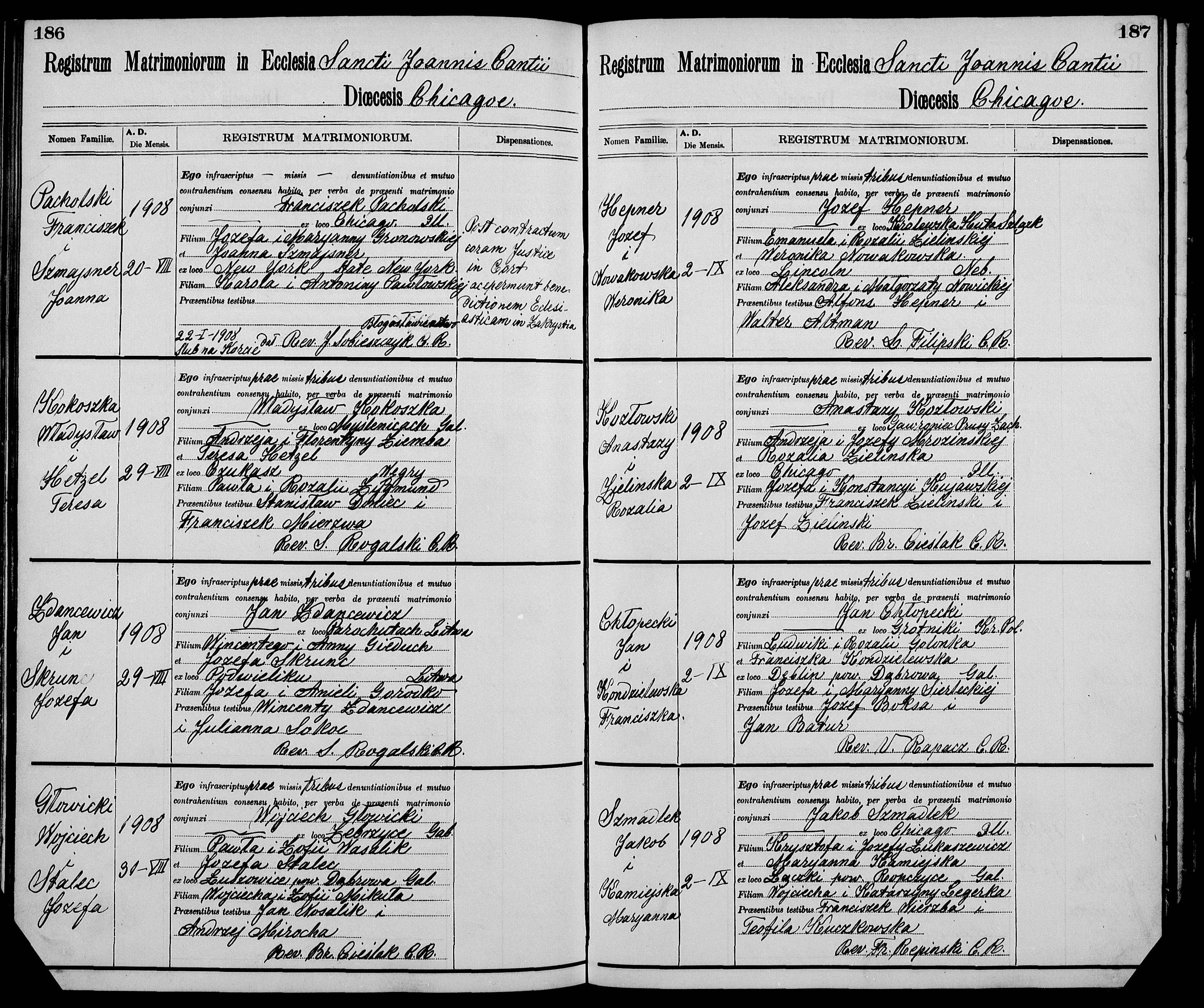 Hepner Joseph & Nowakowski Veronica September 2 1908 St. John Cantius Chicago Parish Marriage Register.jpg