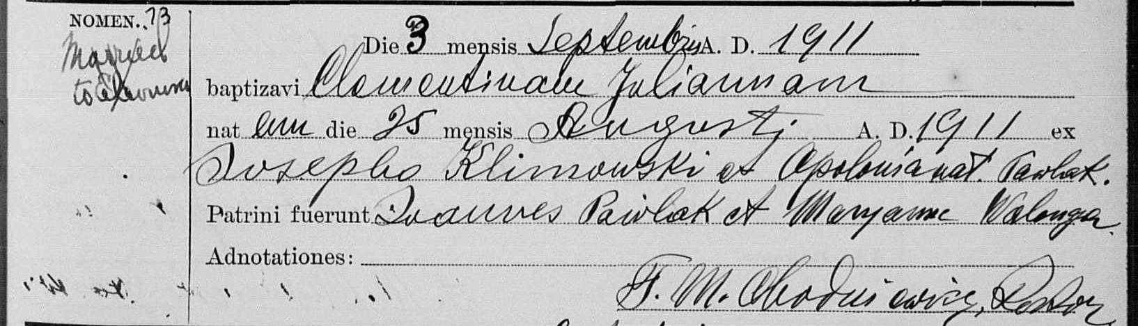 KLIMOWSKA, Clementina Julianna baptism 1911.jpg