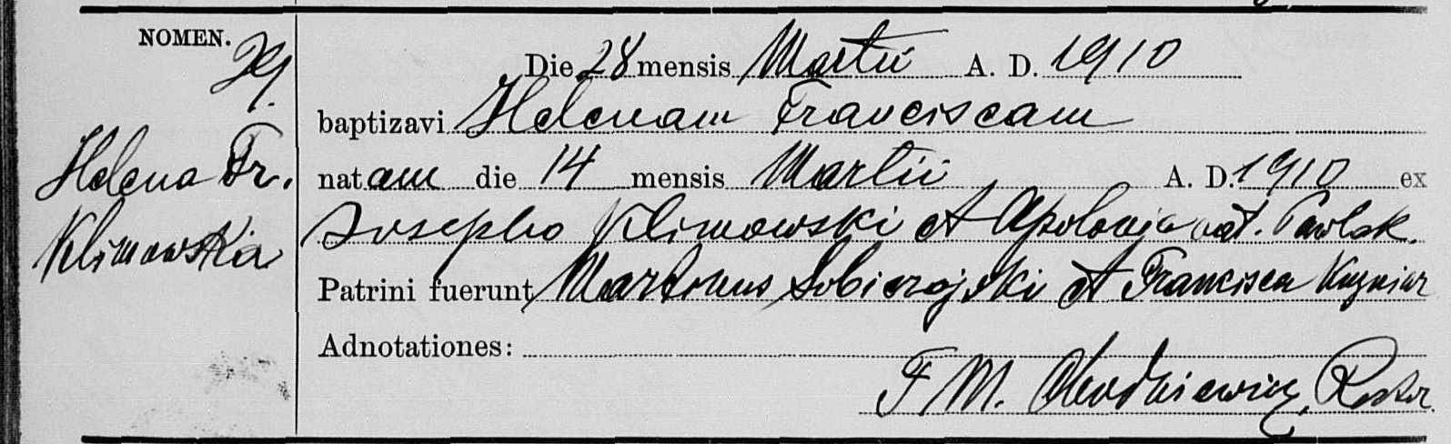 KLIMOWSKA, Helena Francisca baptism 1910.jpg
