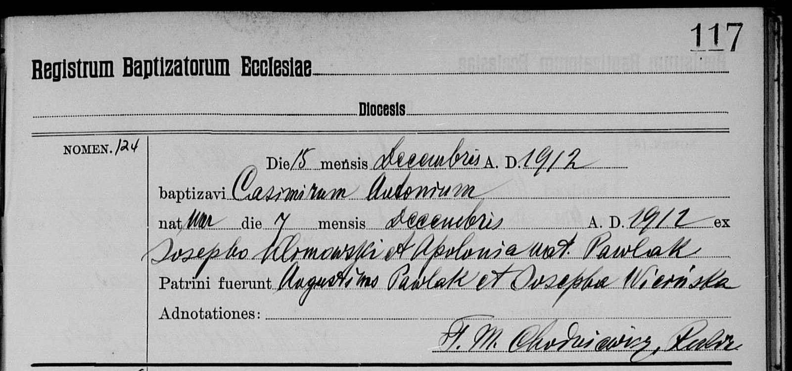 KLIMOWSKI, Casimir Antoni baptism 1912.jpg