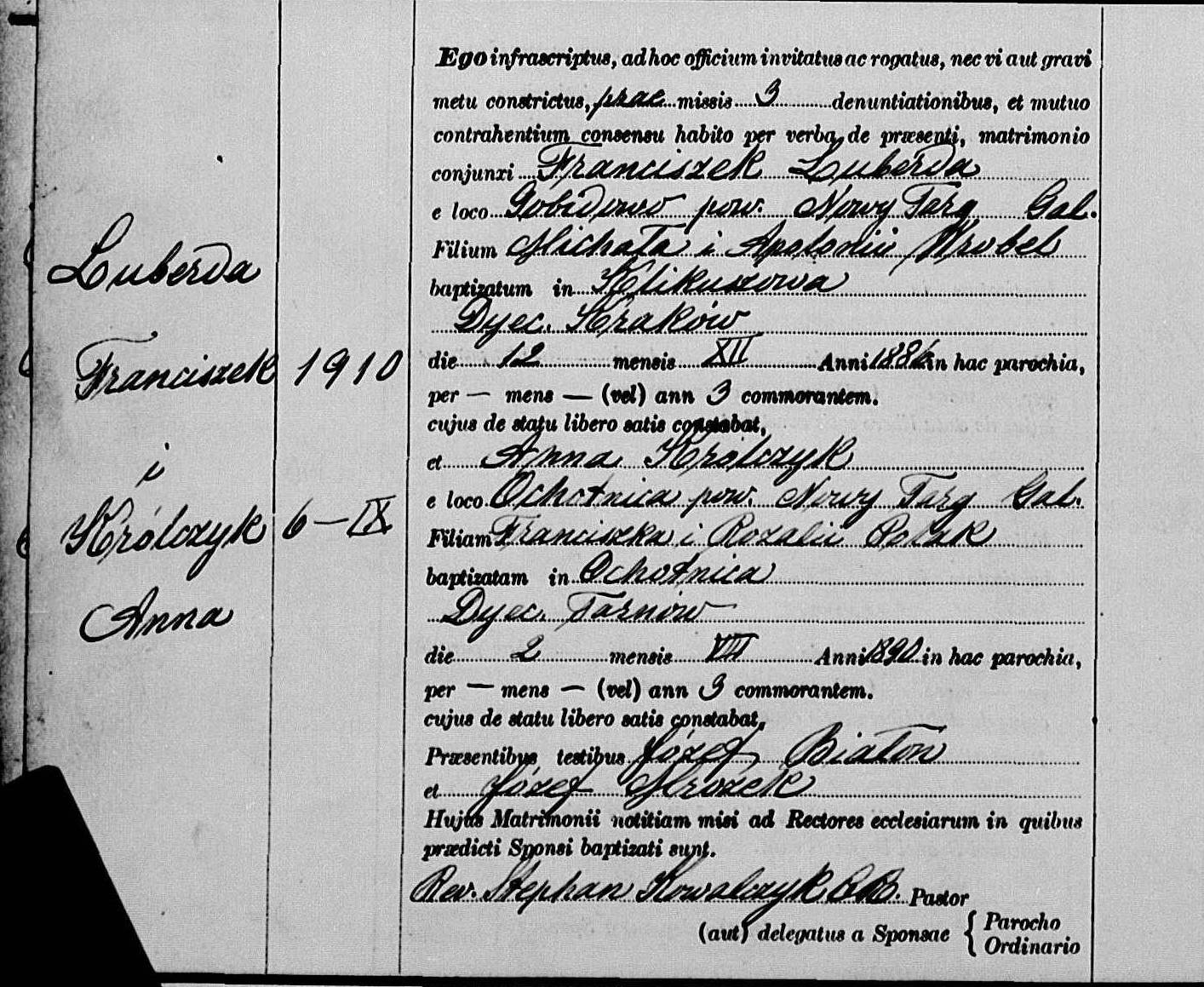 LUBERDA, Franciszek church marriage record.jpg