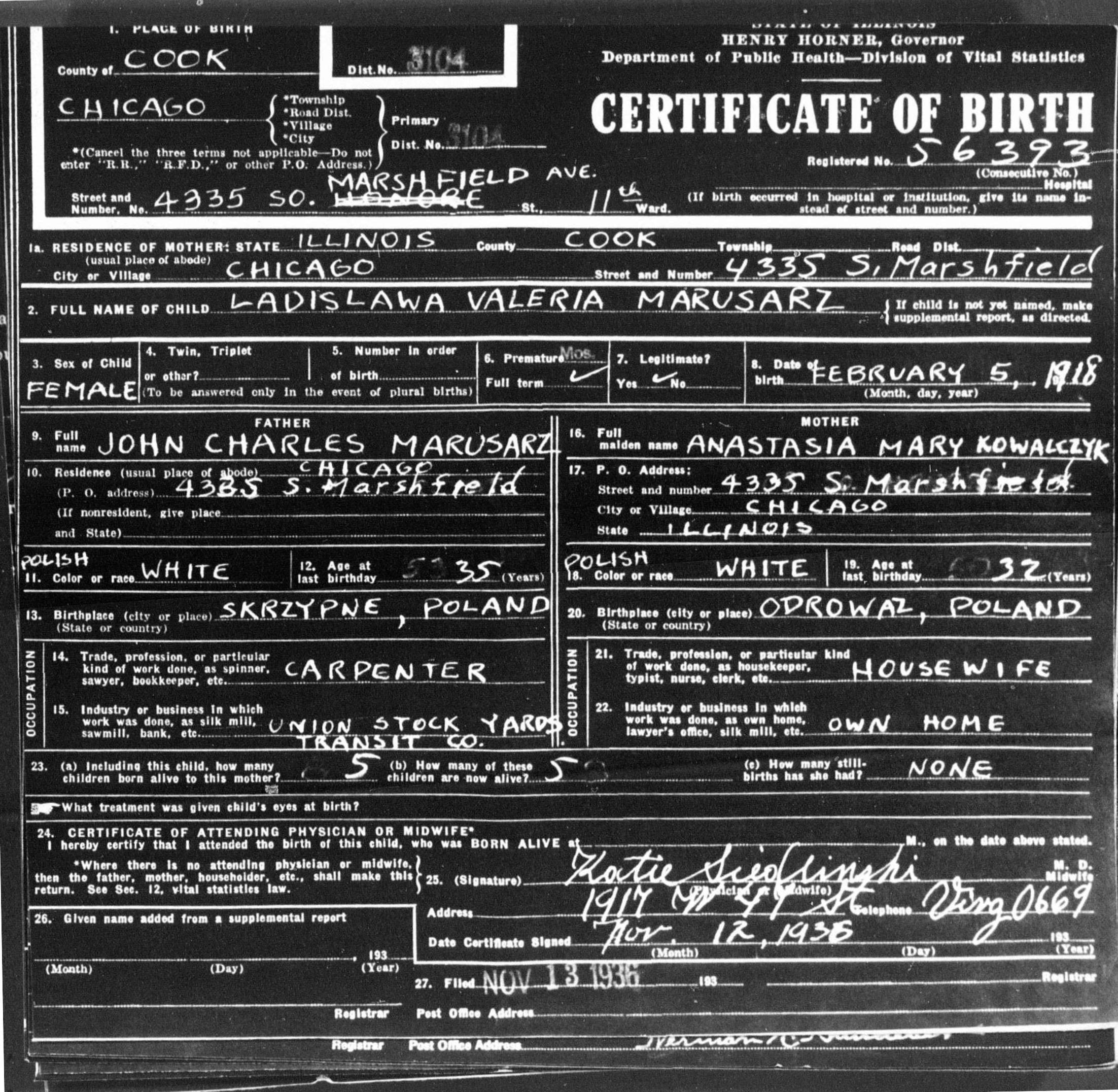 Marusarz Ladislawa Valeria Certificate of Birth.jpg