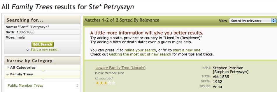 Petryszyn (Patrician) entry on Ancestry.jpg