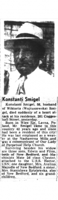 New Bedford Standard Times - Obituary - Konstanti Smigel - 8 Jan 1952.png